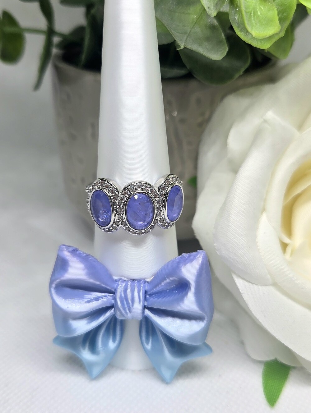 BP Lavender Quartz Three-Stone Ring With Halo Accents